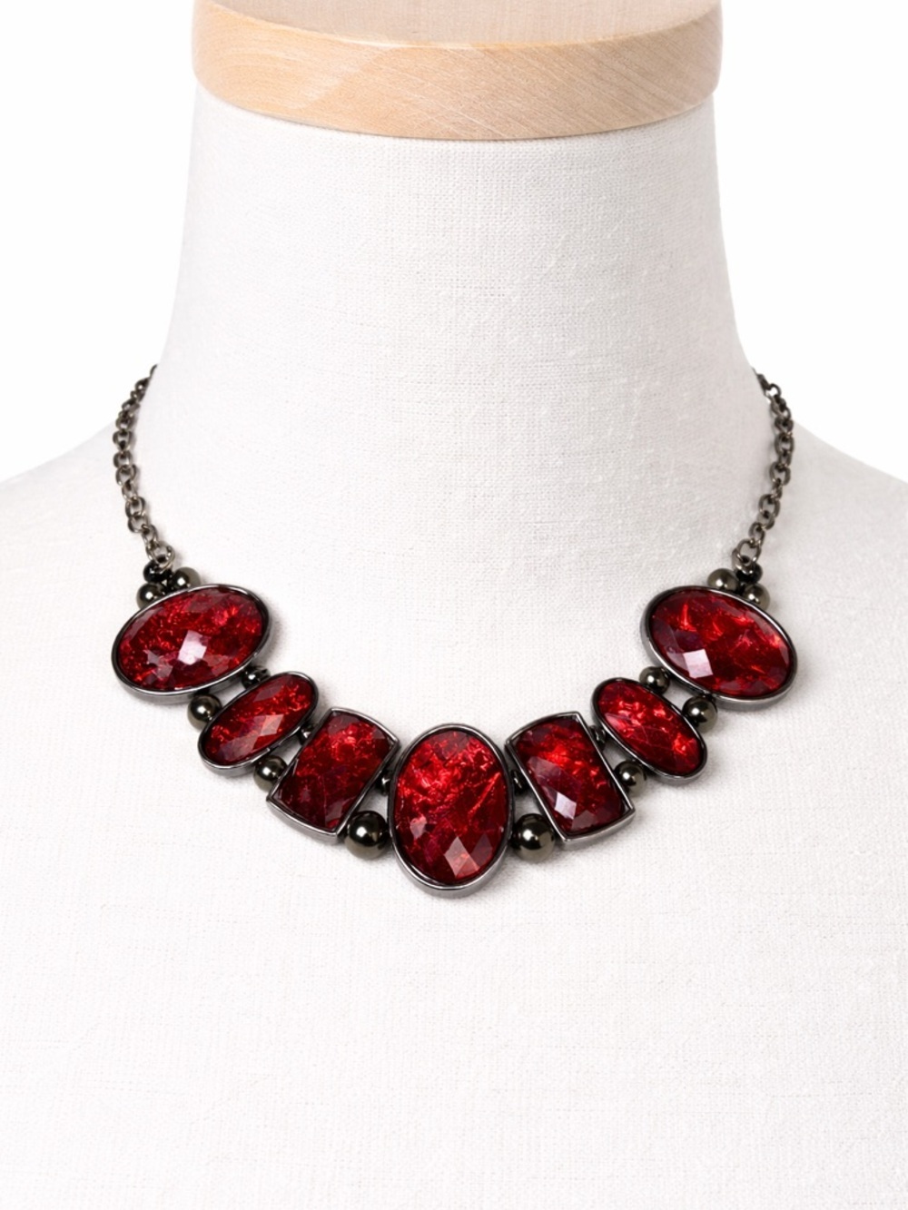 Red Statement Bib Necklace Gunmetal Bold Faceted‎ Gem Style